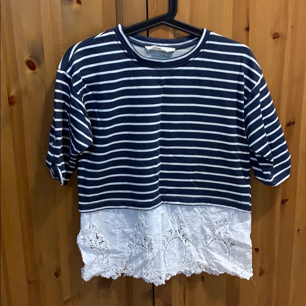 Navy striped sweater with lace at bottom